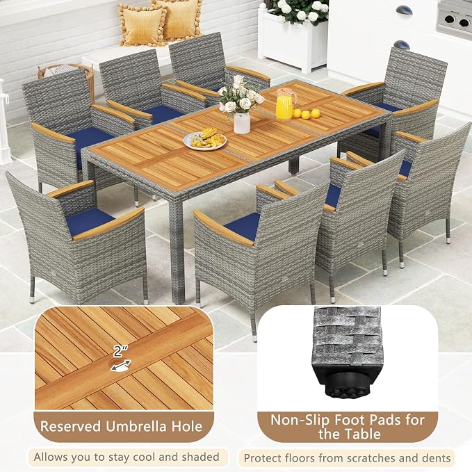 HAPPYGRILL 9 Pieces Patio Dining Set for 8, Outdoor Acacia Wood Table and Rattan Chairs with 2" Umbrella Hole, Cushions, Wicker Outdoor Dining Furniture Set for Backyard, Garden, Deck (Navy)