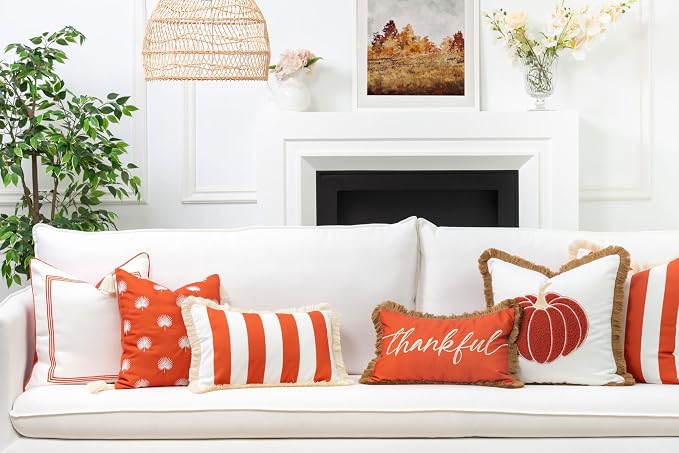Hofdeco Premium Fall Coastal Patio Indoor Outdoor Pillow Cover Only, 20"x20" Water Repellent for Backyard, Couch, Rust Orange Embroidered Pumpkin with Fringed Trim