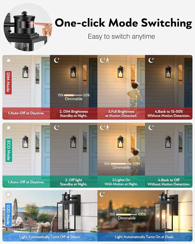 VIANIS Black Motion Sensor Porch Lights Outdoor, Modern Exterior Lighting Fixtures Wall Mount for House, Anti-Rust Waterproof Outdoor Sconce Lights for Garage, Front Door with Tempered Seeded Glass