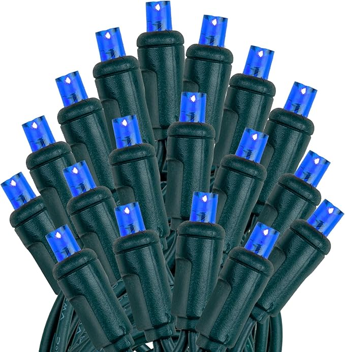 Novelty Lights 12-Pack, 50 Feet 100 LED Blue Christmas Mini Light String on Green Wire, 5mm Wide Angle Bulbs, Connectable, Indoor/Outdoor Decor, UL Listed