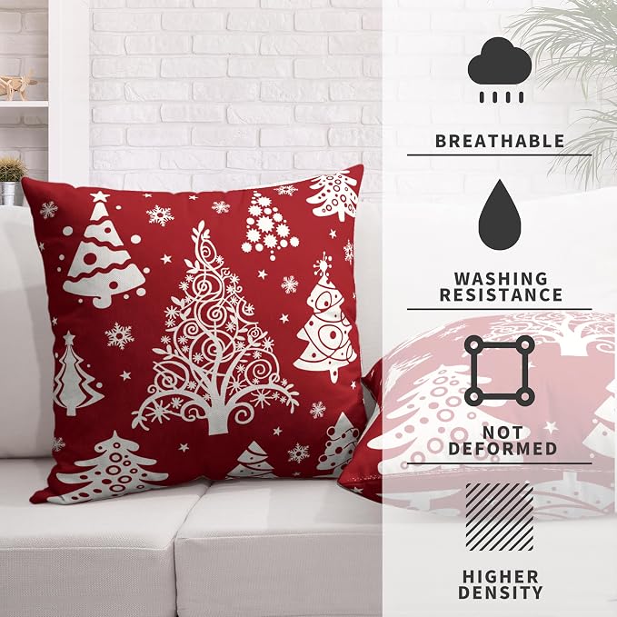 Red Christmas Pillow Covers 16x16 Winter Xmas Tree with Snowflakes Throw Pillow Covers Holiday Cushion Case for Christmas Decorations Living Room Outdoor Set of 2