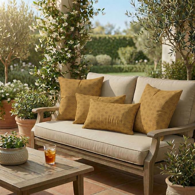 RSH DECOR: Sunbrella Lumbar & Square Pillows Set of 4 | 20" x 12" & 20" x 20" | Water and Fade-Resistant Performance Fabric | Outdoor Throw Pillows for Patio Furniture | Made in USA (Trinket Teak)