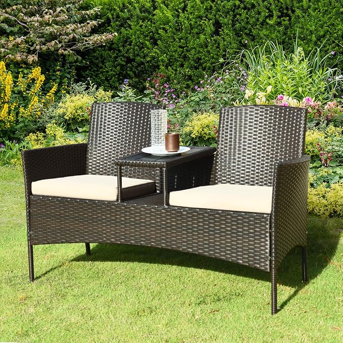 HAPPYGRILL Outdoor Loveseat with Removable Cushions and Coffee Table, Rattan Patio Wicker Conversation Set for Garden Lawn Backyard