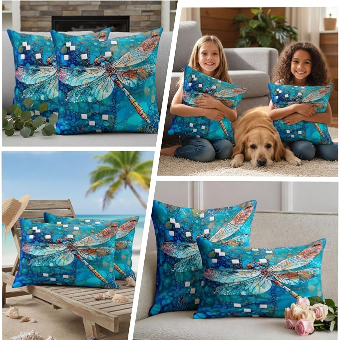 Blue Dragonfly Outdoor Pillow Covers Set of 2 Country Vintage Watercolor Dragonfly Wings Waterproof Throw Pillow Cover Decorative Cushion Cases for Patio Porch Garden 16X16 Inch