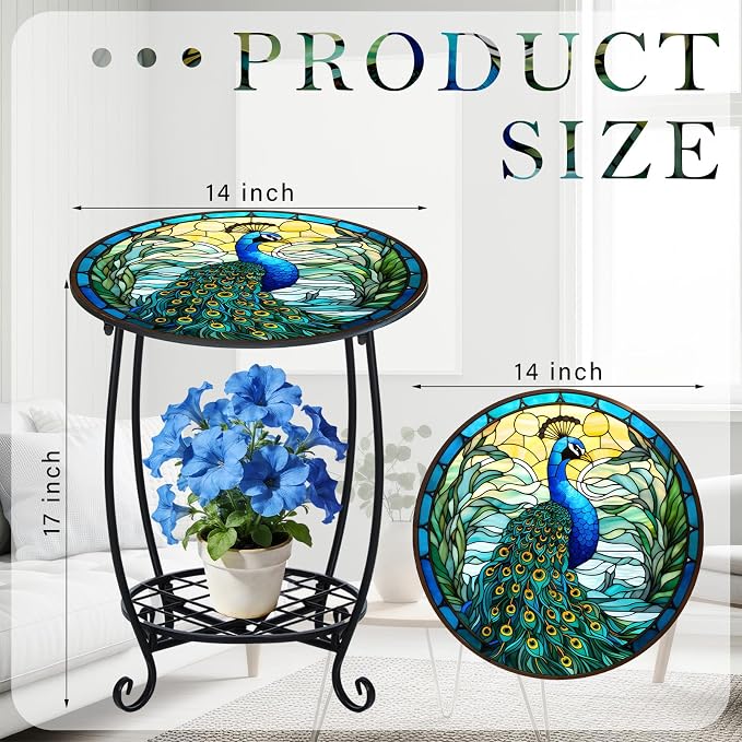 Cinnvoice Outdoor Side Table Round Small Mosaic Patio Accent Indoor End Plant Coffee Tea Table for Yard Patio Porch Garden Living Room, Bedroom(Peacock Style,18 Inch)