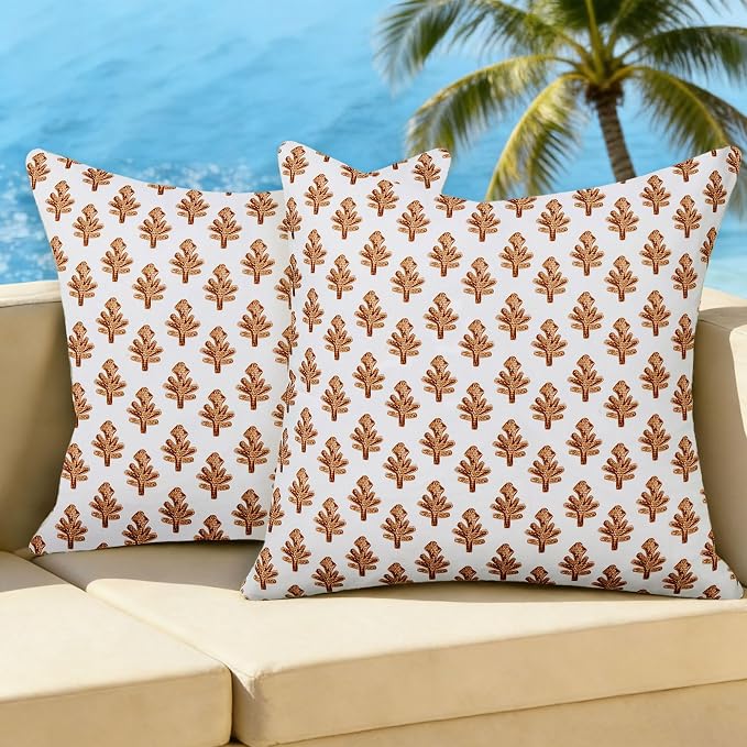 Outdoor Pillow Covers 18x18 Set of 2 Boho Rust Floral Accent Print Decorative Fall Pillow Cases for Outdoor Waterproof Patio Furniture Garden Porch Sofa Bed Cushion Covers Home Decor JB005-H18
