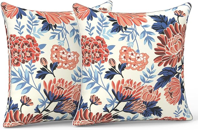 LVTXIII Outdoor/Indoor Throw Pillows, Decorative Patio Accent Pillows, Fluffy Water Repellent Garden Cushions for Home Patio Coach Sofa Use, 20×20 Inch, Pack of 2, Red Chrysanthemum