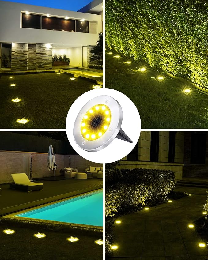 Biling Solar Ground Lights Outdoor Bright Waterproof 8 Pack Warm White | Flat 12 LEDs Solar Outdoor Lights Longevity, Easy To Assemble and Use, for Yard Walkway Garden Driveway
