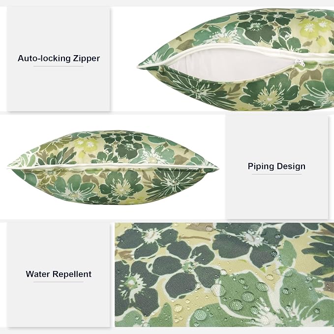 Outdoor Throw Pillows Inners, Fade Resistant Patio Furniture Square Pillows with Piping Set of 2 for Patio Furniture, 18x18 Inch, Green Rose
