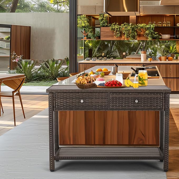 Outdoor Console Table with Drawer Patio Buffet Bar Storage Organizer 45"Long Wicker Sofa Serving Sideboard Table 2-Shelf Outdoor Narrow Bar Table Tall Rectangle with Adjustable Feet for Entryway Brown