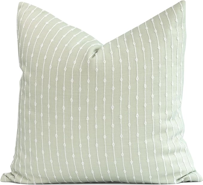 Modern Farmhouse Fall Linen Indoor Outdoor Throw Pillow Cover Only, 20"x20" Water Repellent for Patio, Backyard, Couch, Light Green Embroidered Stripes