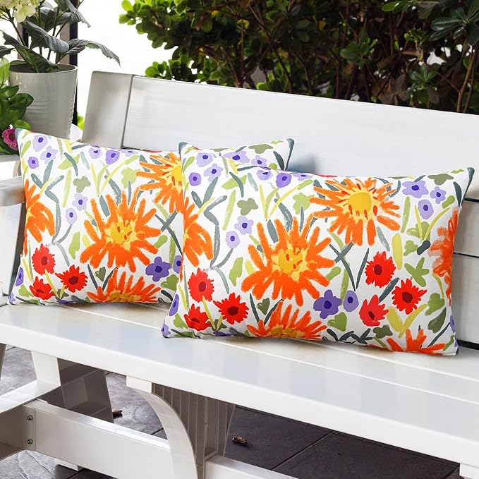 Adabana Outdoor Waterproof Floral Pillow Covers 12x20 Inch | Colorful Outdoor Pillow Covers Summer Decirative for Patio Furniture Porch Garden Pillows