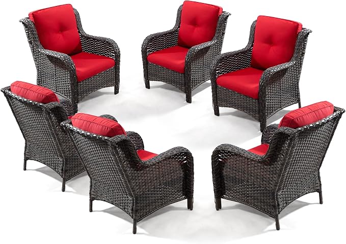 MeetLeisure Outdoor Wicker Chair Rattan Patio Dining Chairs Set of 6 PE Wicker Patio Chairs with 4 inch Seat Cushions Patio Seating Chair for Garden, Backyard Swimming Pool, Balcony, Red