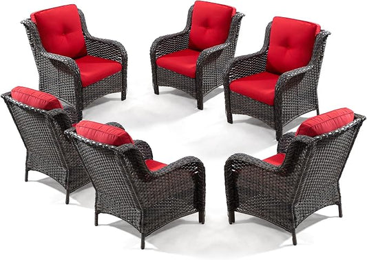 MeetLeisure Outdoor Wicker Chair Rattan Patio Dining Chairs Set of 6 PE Wicker Patio Chairs with 4 inch Seat Cushions Patio Seating Chair for Garden, Backyard Swimming Pool, Balcony, Red