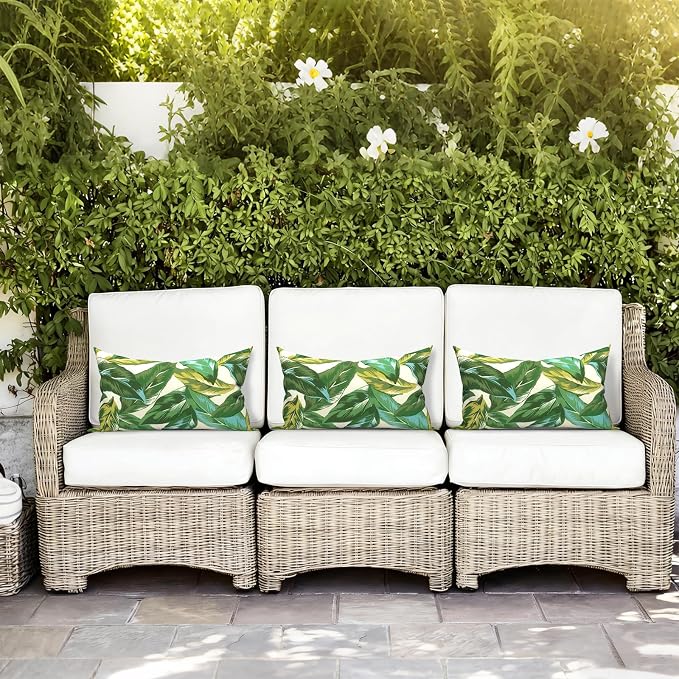 LVTXIII Outdoor/Indoor Lumbar Pillows, Decorative Patio Lumbar Cushions, Fluffy Water Repellent Garden Cushions for Home Patio Coach Sofa Use, 12×20 Inch, Pack of 2, Lush Leaf Jungle