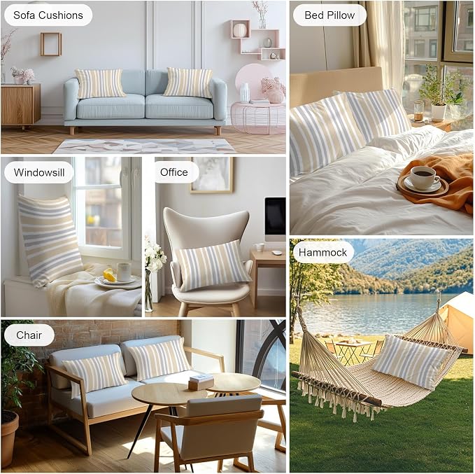 Beige Grey Stripe Outdoor Pillow Covers 20x12 Inch Lumbar Pillow Covers Set of 2 Waterproof Decorative Throw Pillow Cases Farmhouse Minimalist Striped Cushion Covers for Patio Furniture Garden Couch