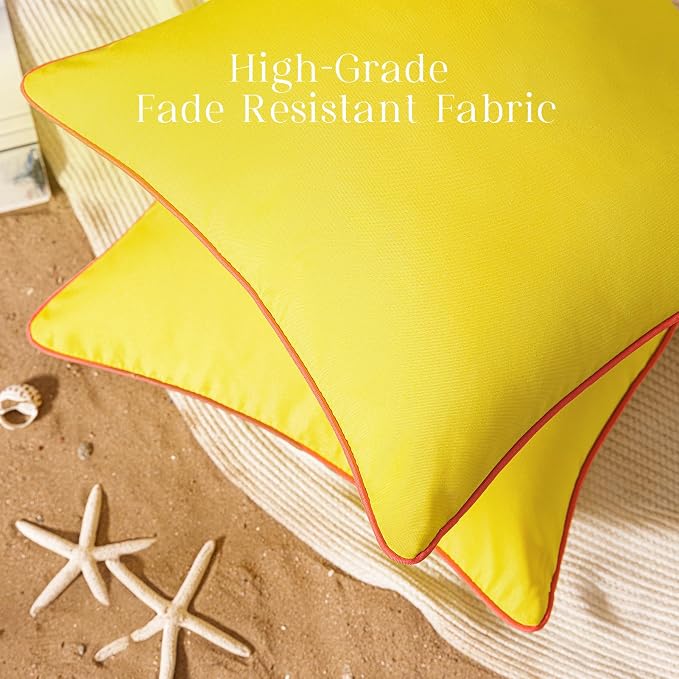Phantoscope Pack of 2 Outdoor Waterproof Throw Pillow Covers with Contrast Piping, Decorative Square Cushion Case Patio Pillows for Couch Tent, Lemon Yellow 18x18 inches