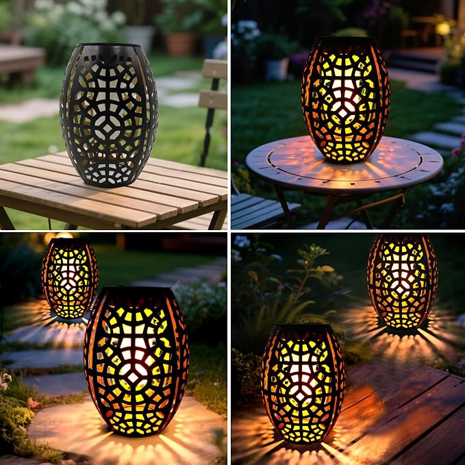 2PCS Solar Table Lanterns Flickering Flame Outdoor Black Geometric | Waterproof Metal Hollow Design, 7.3" H Black Geometric Figure, Solar Flickering Flame, Ideal For Tabletop Garden Patio Decor
