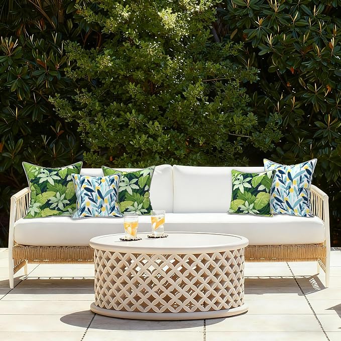 LVTXIII Outdoor Throw Pillows 20x20 Patio Waterproof Square Pillows with Piping Fade Resistant Accent Pillow for Spring Summer Garden Decoration, Set of 2, Jungle Leaves