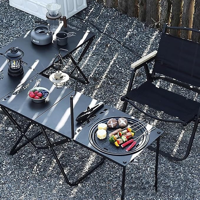 Outdoor Multifunctional Folding Grill Table, Portable Foldable Tactical Combinable Table and Chair, Camping Lamp Stand for Household, Camping, Fishing, BBQ, Picnic