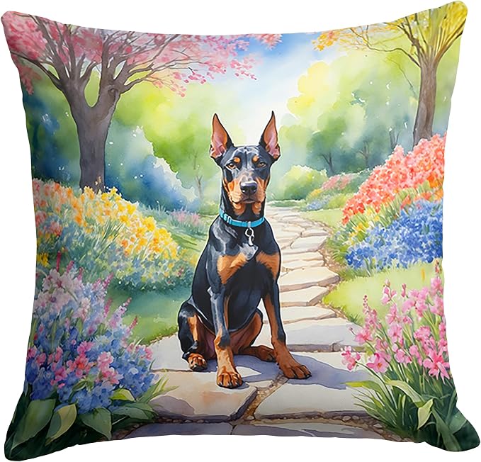 Caroline's Treasures Doberman Pinscher Spring Path Throw Pillow Machine Washable, Indoor Outdoor Decorative Pillow for Couch, Bed or Patio, 14Hx14W
