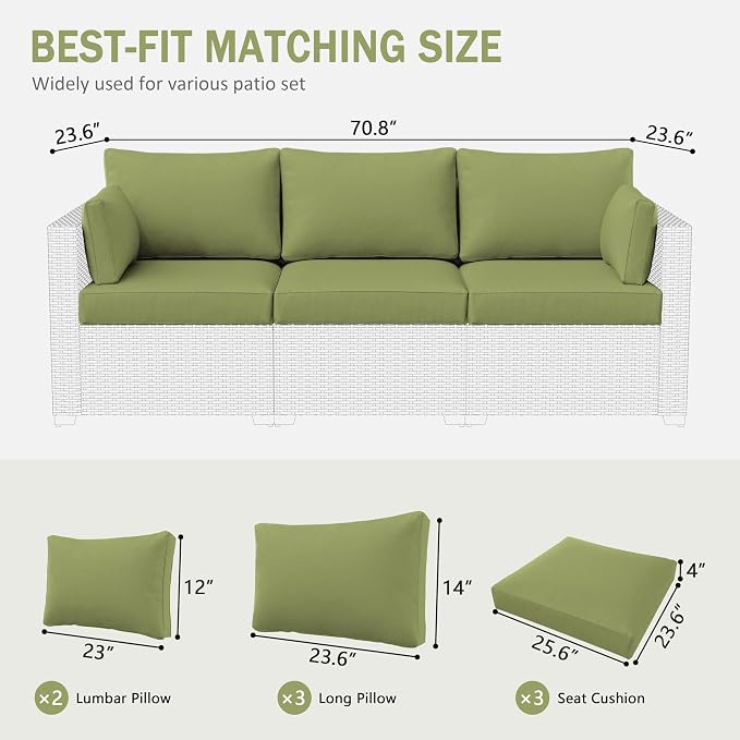 Outdoor Furniture Replacement Cushions, Waterproof Patio Furniture Cushions, 4" Deep Seat Outdoor Sectional Cushion for 3-Seat Outdoors Rattan Sofa Patio Sofa Cushion, Light Green