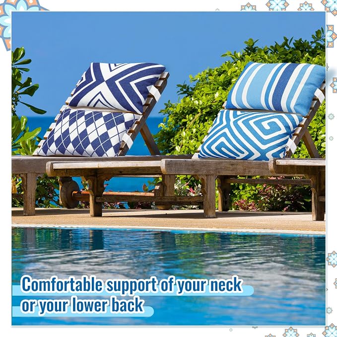 Juexica 4 Pack Chaise Lounge Headrest Pillow, Decorative Outdoor Patio Neck Headrest Pillow, Adjustable Elastic Strap & Insert, Waterproof for Pool Recliner Hammock Beach Chair(Blue & White, Stylish)