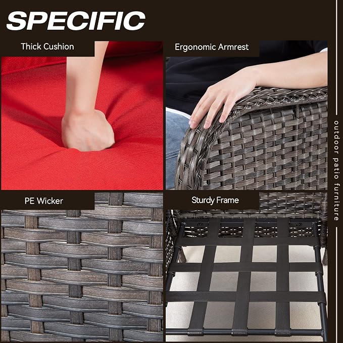 Outdoor Wicker Chair Rattan Patio Dining Chairs Set of 4 PE Patio Chairs with 3.5 inch Seat Cushions Outdoor Patio Seating Chair for Garden, Backyard Swimming Pool, Balcony, Red
