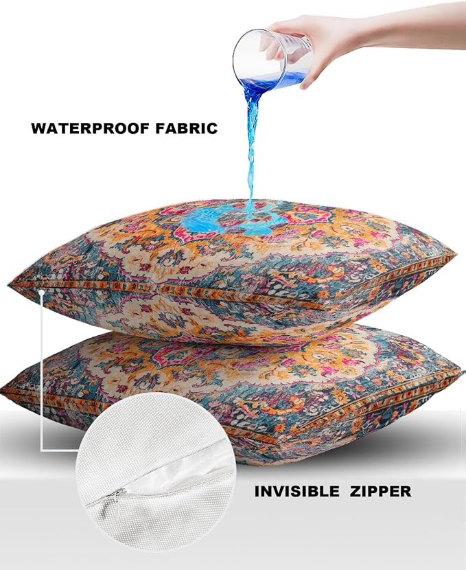 Prime Leader Outdoor Waterproof Pillow Covers Set of 2, Geometric Abstract Carpet Flowers Pattern Pink Patio Throw Pillow Covers, Decorative Cushion Case for Couch Sofa Furniture Garden, 20x20 Inch