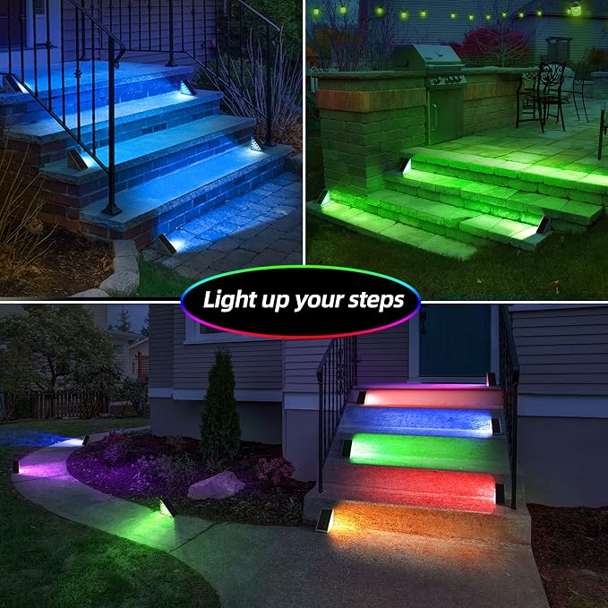 Solar Step Lights,12 Pack RGB Solid Color Changing Solar Stair Lights Outdoor Waterproof IP67 Auto On Off,Solar Lights for Steps,Stair,Patio,Yard,Porch,Front Door,Deck Decor