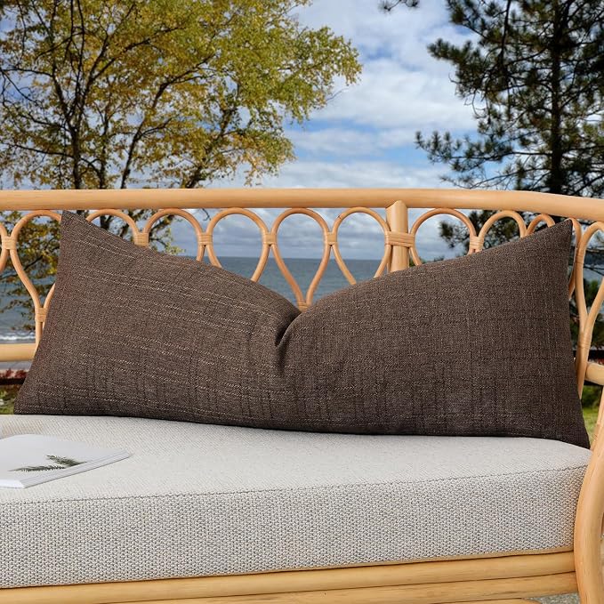 Kevin Textile Outdoor Waterproof 14”x36” Lumbar Pillow Cover 1 Pack, Brown | Water Resistant, Soft Faux Linen-cotton Yarn-dyed Woven Texture Throw Pillow Covers for Tent Patio Garden Couch Sofa