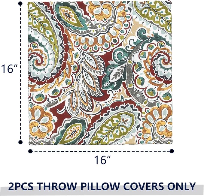 Outdoor Pillow Covers 16x16 Inch Set of 2 Waterproof Decorative Throw Pillow Covers Patio Pillow Cases for Patio Furniture Garden Couch Farmhouse,Paisley Chilli