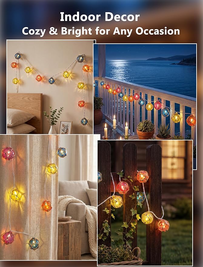 Nautical String Lights Plug in, 12FT 20 LED Tiki Bar Lights with Fishing Float Buoy, UL Certified Waterproof Patio Lights for Beach Party, Coastal Camping Home Indoor Outdoor Summer Decor