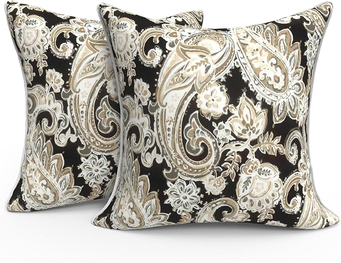Outdoor Throw Pillow Covers Pack of 2, Decorative Water Repellent Square Pillow Cases with Piping 18x18 Inch, Paisley Black