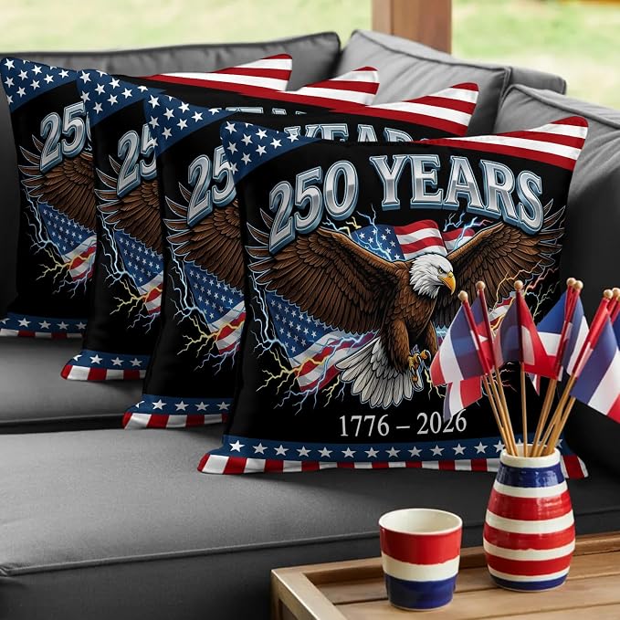America 250 Years Eagle Outdoor Pillow Covers 20"x20" Set of 2, Independence Day Lightning Red Blue Flag Waterproof Throw Pillow Covers for Patio Furniture, Decorative Cushion Covers for Porch