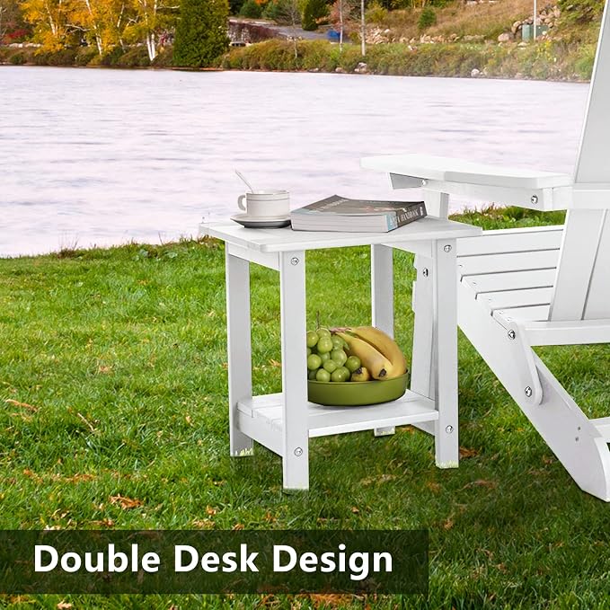 Meluvici Double Adirondack Outdoor Side Table Weather Resistant, Patio Rectangular End Table for Adirondack Chair, White