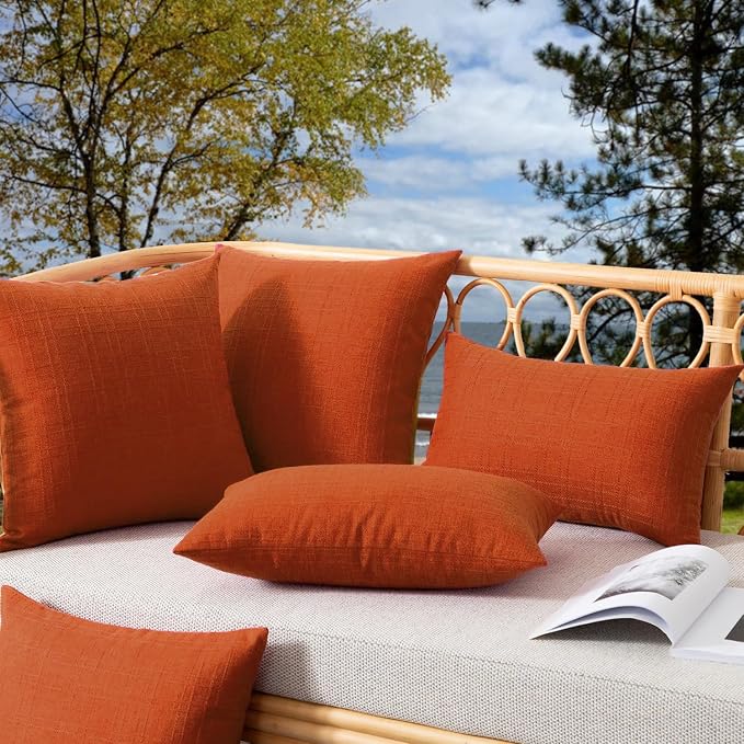 Kevin Textile Outdoor Waterproof 24”x24” Pillow Covers 2 Pack, Dark Orange | Water Resistant, Soft Faux Linen-cotton Yarn-dyed Woven Texture Throw Pillow Covers for Tent Patio Garden Couch Sofa