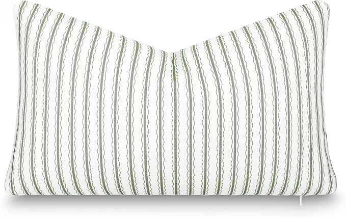 Modern Farmhouse California Casual Indoor Outdoor Lumbar Pillow Cover, 12"x20" Water Repellent for Patio, Backyard, Couch, Poolside, Oliver Green Print Wave Stripes