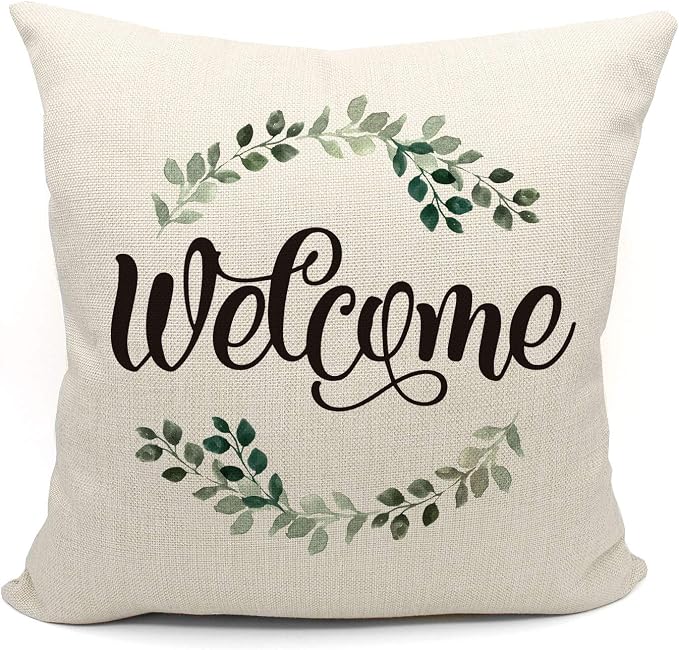 Mancheng-zi Welcome Pillow Covers 18x18 - Porch Decor, Outdoor Pillows for Patio Furniture (White)
