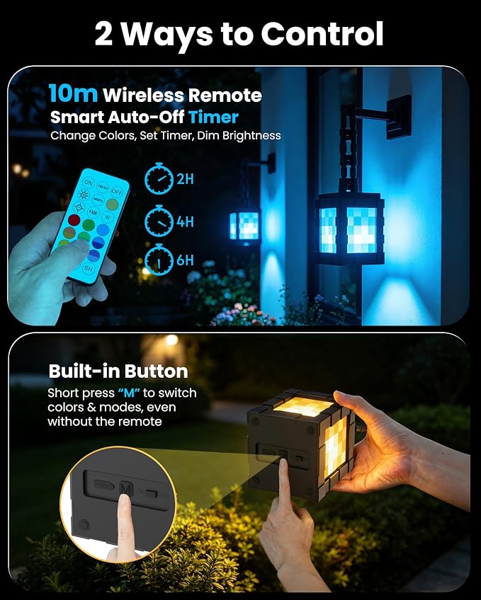 Pixelated Solar Lanterns Outdoor Waterproof, USB-C & Solar Hanging Light | 17-Color RGB Table Lamp with Remote & Timer, Decor for Patio Yard Garden Porch & Winter Camping, Gift for Gamers, 2 Pack