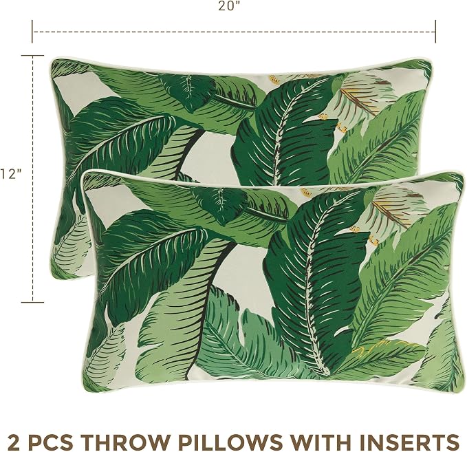 Lumbar Pillow with Insert, Set of 2, Outdoor Indoor Waterproof Decorative Patio Lumbar Pillow 12x20 Inch, Rectangular Cushion for Couch Sofa Garden Farmhouse Decoration-Green Palm Leaf