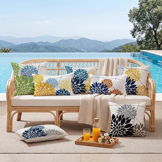 OTOSTAR Outdoor Black Gray Pillow Covers 16x24 Inch Set of 2 White Flower Throw Pillows Farmhouse Geometric Dahlia Floral Lumbar Cushion Case Waterproof Decor for Sofa Patio Funiture Garden