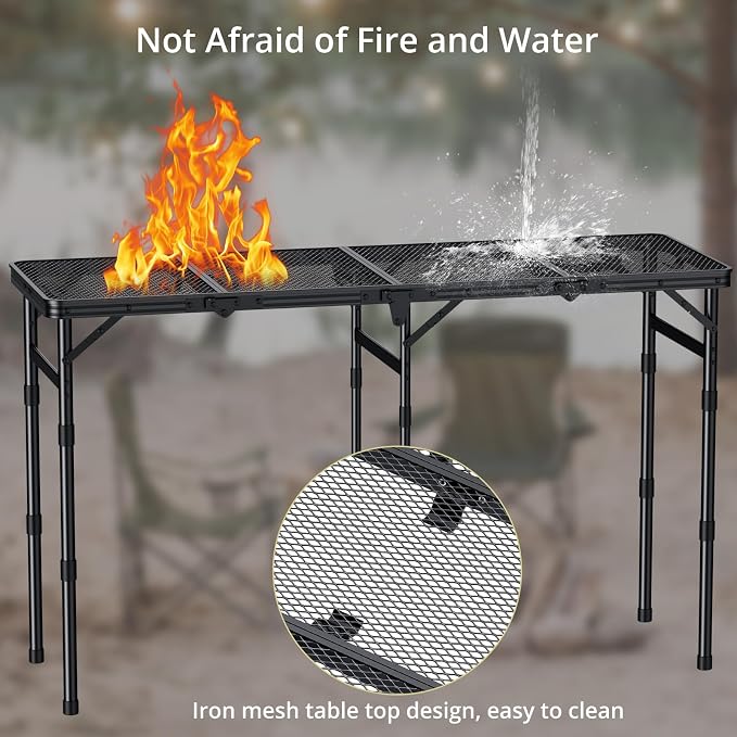 Anbte 4 ft 4-Fold Portable Grill Table, 3 Adjustable Height Max 27.5" | Aluminum, Heat-Resistant Mesh Tabletop, Portable Handle, Waterproof, for Outdoor Cooking Patio BBQ Picnic, Black