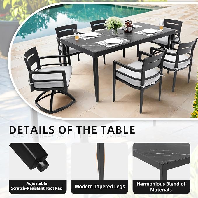 7PC Aluminum Outdoor Patio Dining Set, 71" Rectangular Dining Table with Black Marble Pattern Sintered Stone Top, 4 Chairs & 2 Cushioned Swivel Rockers, All-Weather Patio Furniture