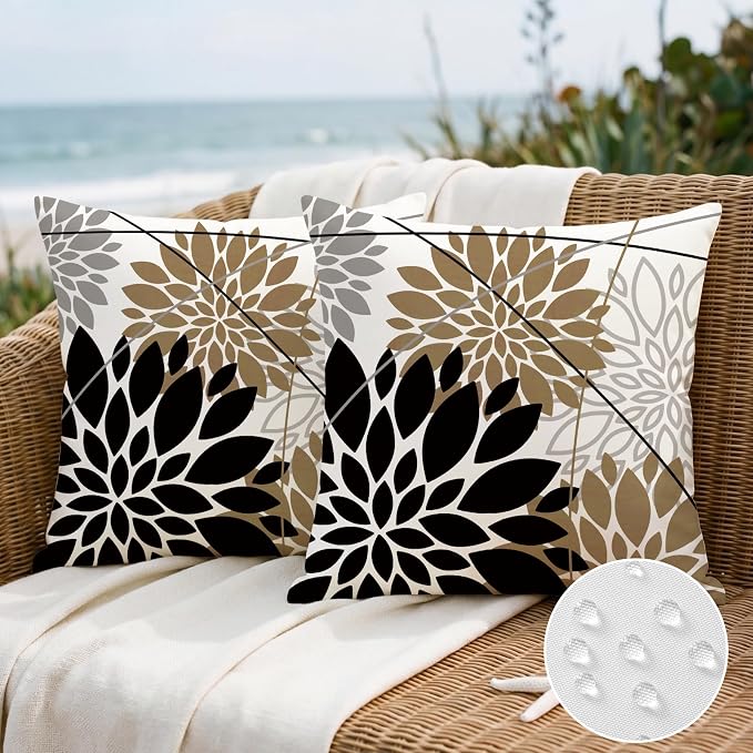 OTOSTAR Outdoor Black Brown Pillow Covers 20x20 Inch Set of 2 Light Brown Flower Throw Pillows Farmhouse Geometric Dahlia Floral Square Cushion Case Waterproof Decor for Sofa Patio Funiture Garden