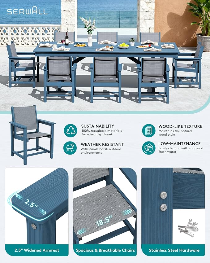 SERWALL 9 Piece Outdoor Dining Set, 84" HDPE Outdoor Large Table and Textilene Sling Chairs for 8，All Weather Patio Dining Furniture Set with Umbrella Hole for Backyard, Garden, Blue