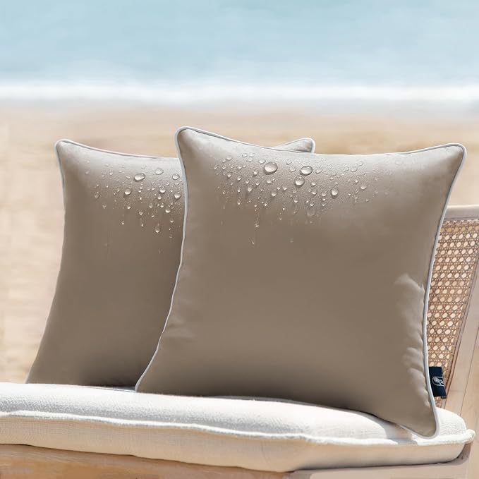 Phantoscope Pack of 2 Outdoor Waterproof Solid Throw Decorative Pillow Cover Decorative Square Outdoor Pillows Cushion Case Patio Pillows for Couch Tent, Light Coffee 18x18 inches 45x45 cm