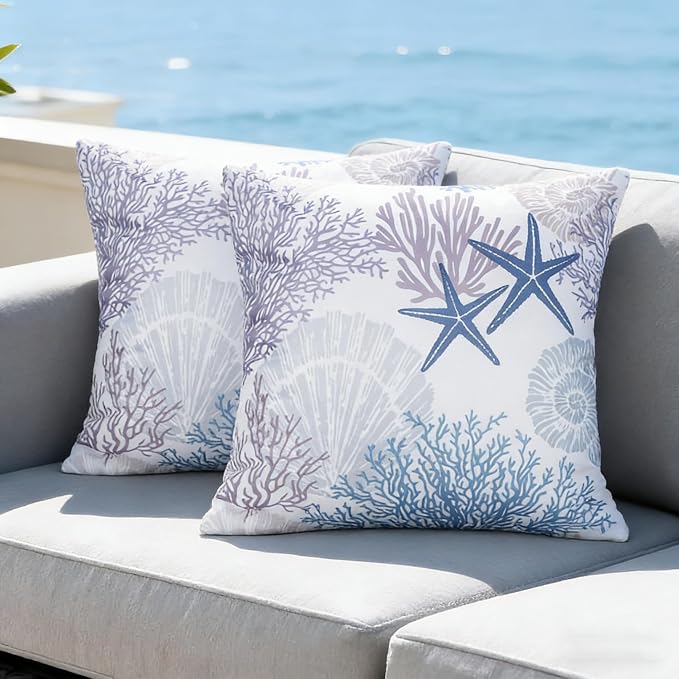 cygnus Coastal Outdoor Pillow Covers 18x18 inch Waterproof Conch Seashell Coral Satrfish Beach Summer Nautical Throw Pillow Covers for Patio Furniture Garden Bench Porch Sofa Couch Set of 2