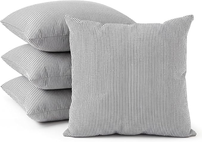 Huhumy Black Throw Pillow Cover 18" x 18" for Home Decoration Striped Modern Style Decorative Cushion Covers No Inserts Seersucker Pillow Cover for Living Room, Chair, Bed, Couch, Set of 4