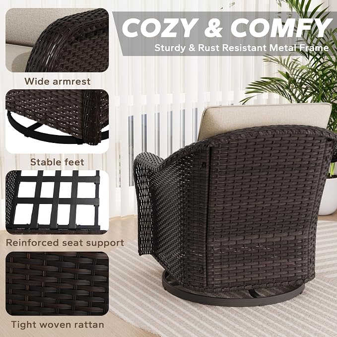 5 PCS Outdoor Conversation Set | 55" Couch, 2 Swivel Chairs, 2 Ottomans, Patio Wicker Conversation Furniture with Removable Cushions for Bistro, Deck, Sunroom (Beige)